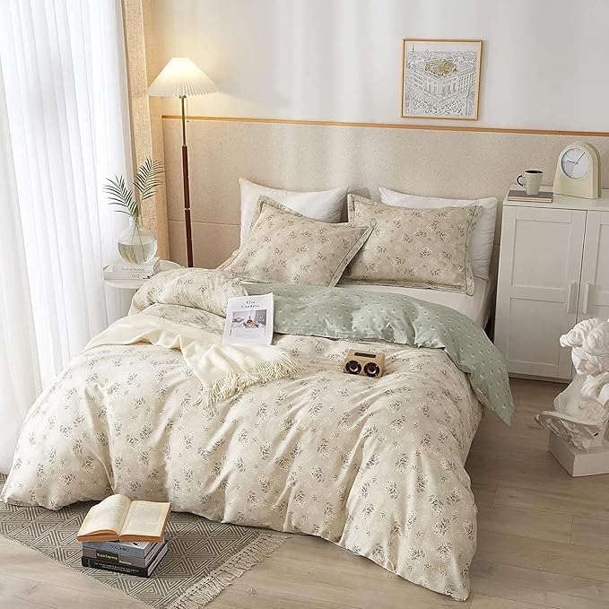 LifeTB Garden Style Floral Duvet Cover Queen Soft Cotton Boho Floral Bedding Sets Chic Shabby Botanical Queen Duvet Cover Girl Women Vintage Floral Comforter Cover with Zipper Closure 4 Ties