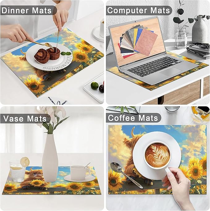 Cute Highland Cow Placemats Set of 6 Washable Table Mats Summer Yellow Sunflower Heat-Resistant Cotton Linen Place Mats for Dining Table Kitchen Indoor Outdoor Party Holiday Decor