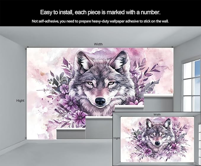 Wolf with Floral Watercolor Wall Mural, Purple Wolf Watercolor Art 3D Wall Murals, Art Flower Painting Wallpaper Mural, for Living Room Bedroom Large Wallpaper Indoor Decor 137.8" W x100 H