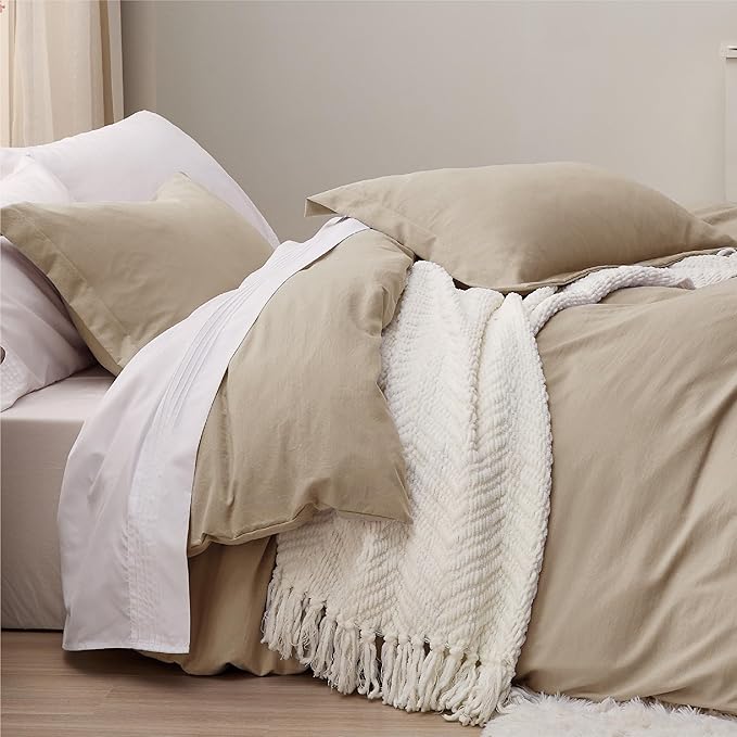 Bedsure Deep Beige Duvet Cover Full Size - 3 Pieces Prewashed Extra Soft Cotton-Like Bedding Set, Includes 1 Duvet Cover 80x90 Inches with Zipper Closure & 2 Pillow Shams, Comforter Not Included