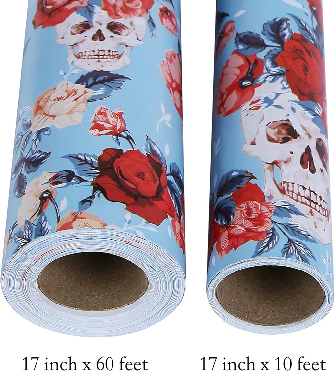 Aimyoo Blue Skull Floral Wrapping Paper Roll 17 in x10ft, Horror Gothic Gift Wrap Paper for Halloween Wedding Bridal Shower