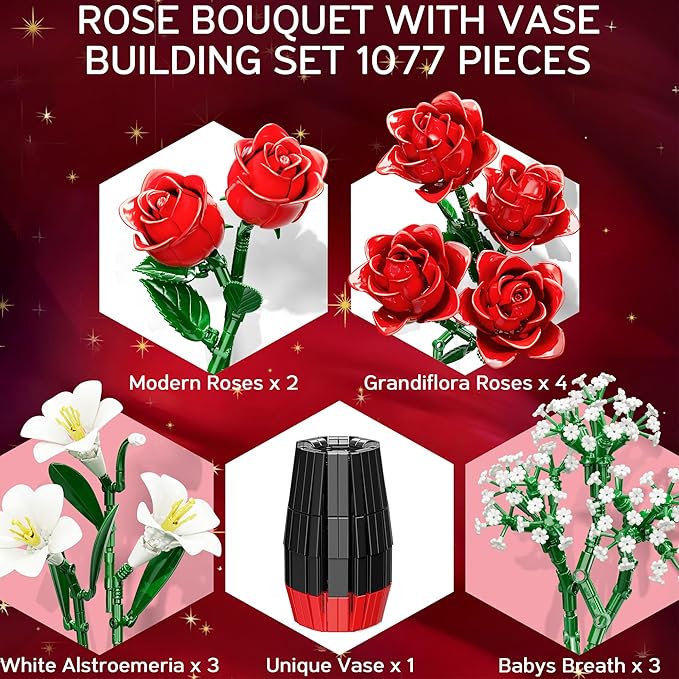 Rose Flower Building Blocks with Vase Set for Adults, Christmas Artificial Flower Bouquet Botanical Collection Bricks Anniversary Birthday Gifts for Her Women Mom Grandma Wife Men Home Decor -1077PCS