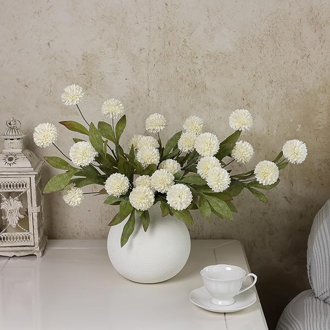 6 Pcs Faux Silk Pompon Mum Artificial Flowers for Vase -27", Bulk Fake Chrysanth Branches with Stems for DIY Bouquet Centerpieces Wedding Fillers Arrangements Shower Decorations (Cream)