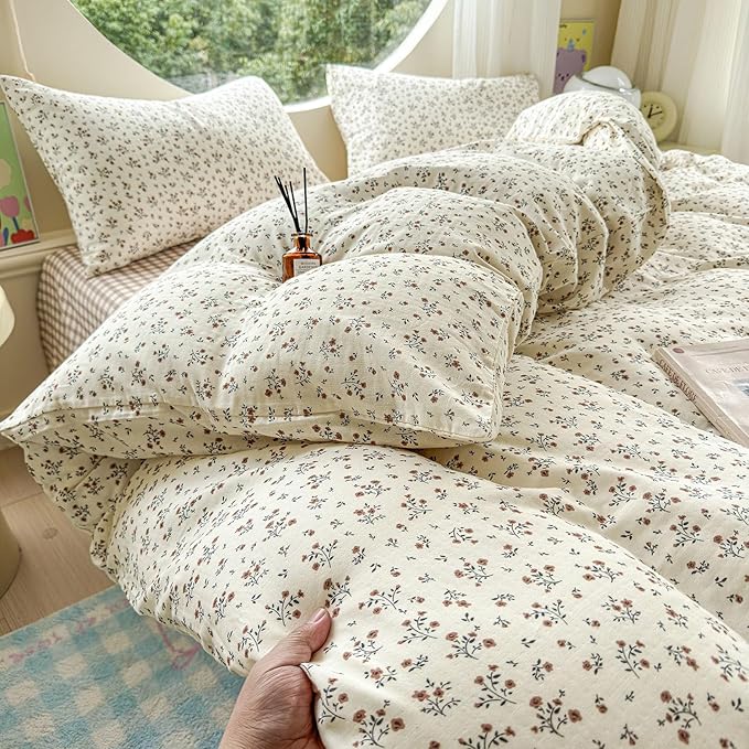 LifeTB 100% Cotton Muslin Duvet Cover Queen Size Vintage Botanical Floral Duvet Cover Ultra Soft Flower Comforter Cover Lightweight Soft Breathable Gauze Bedding Comforter Cover with 2 Pillowcases