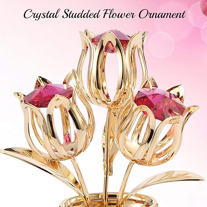 Beautifully Crafted Tulips in A Vase Table Top Ornament Dipped in 24k Gold Plating Made with Genuine Matashi Crystals (Butterfly, Red Crystal)