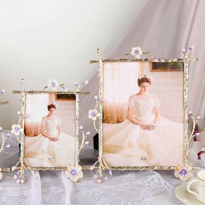 8x10 Purple Floral Picture Frame Vintage Gold Photo Frame with Glass Front, Ornate Antique Tabletop Art Desktop Home Office Decor Gold Metal Frame, Unique Gifts for Women Wedding Mothers Day