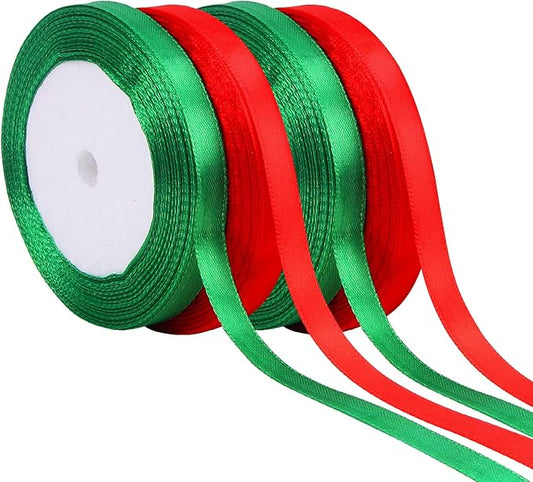 DECYOOL Christmas Ribbons, 4 Rolls 100 Yards 10mm Wide Holiday Satin Ribbons for Gift Wrapping and DIY Craft Christmas Party Home Decorations, Red & Green