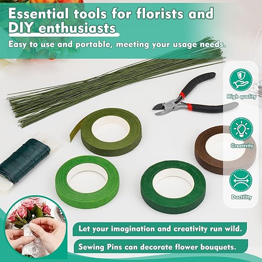 Floral Tape and Wire, Florist Arrangement Tools Kit with Floral Tape Wire Cutter Boutonniere Pin for Bouquets,Wrap Florist,Flower Project