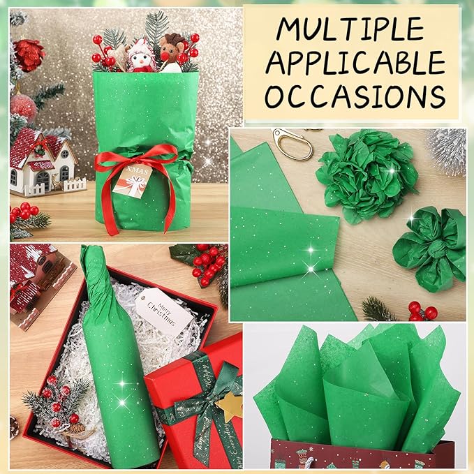 135 Sheets Green Tissue Paper for Gift Bags 20 x 14 Inch Glitter Tissue Paper Bulk for Art DIY Crafts Christmas Wedding Birthday Holiday Decor