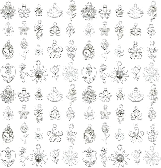 WOCRAFT 60pcs Bright Silver Flowers Bracelet Charms for Jewelry Making Sets DIY Necklace Bracelet Keychain Crafting Charms Kit Craft Supplies (SN879)
