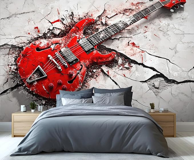 Red Electric Guitar Wall Mural, Grunge Style Guitar 3D Wall Murals, Rock Music 3D Explosion Wallpaper Mural, for Living Room Bedroom Large Wallpaper Indoor Decor 118" W x 82.6 "H