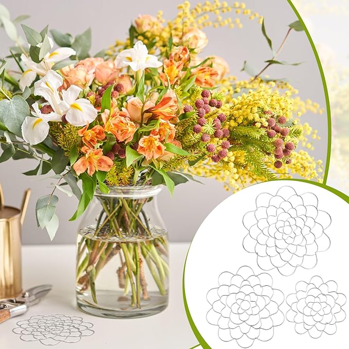 Hotop 3 Pcs Flower Arrangement Holder Floral Grid Flower Frog Tool Wire Stainless Steel Easy Arranger Floral Organizer for Vase Stems Bouquets(5'', 6'', 7'' Dia,Cute Style)