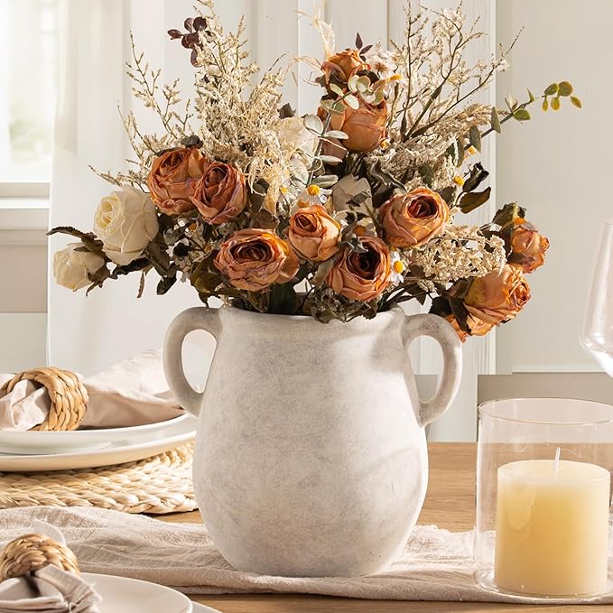 Ceramic Flower Vase Home Decor - 7.1 Inch White Rustic Table Flowers Vases Living Room Bedroom Plant Decoration Modern Farmhouse Vintage for Kitchen Shelf Office Coffee Dining Desk House Women