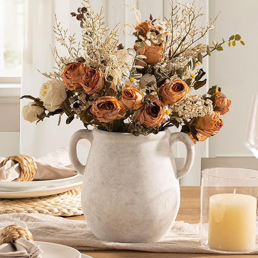 Ceramic Flower Vase Home Decor - 7.1 Inch White Rustic Table Flowers Vases Living Room Bedroom Plant Decoration Modern Farmhouse Vintage for Kitchen Shelf Office Coffee Dining Desk House Women