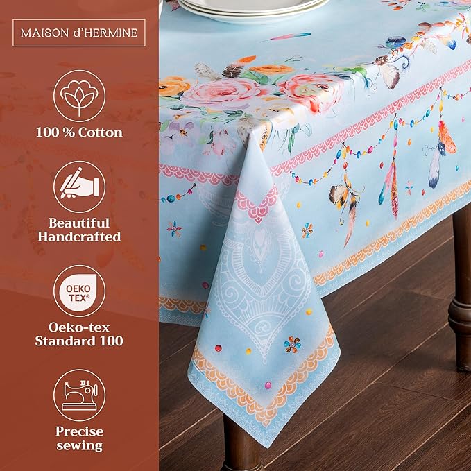 Maison d' Hermine Table Cloth Square Table 100% Cotton 60 x 60 Inches Tablecloth Reusable Decorative Everyday Use for Dining Room, Farmhouse, Home, Party, Festive & Wedding Spring Summer - Ibiza
