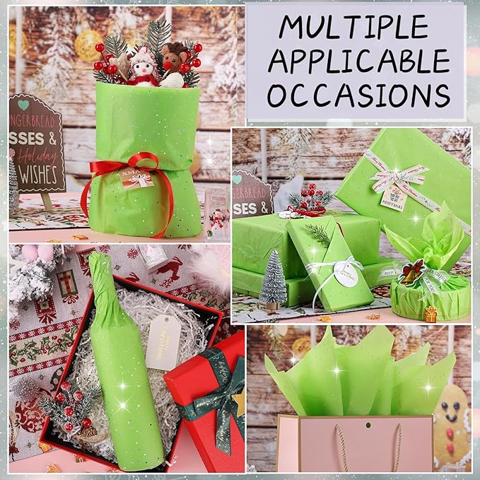 woric 135 Sheets Glitter Tissue Paper for Gift Bags 20 x 14 Inch Light Green Tissue Paper for Gift Wrapping Art DIY Crafts Birthday Wedding Christmas Decor