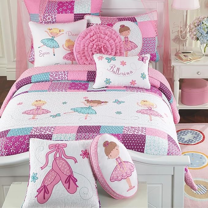 Cozy Line Home Fashions 100% Cotton Ballerina Dance Princess Girl Reversible Bedding Quilt Set, Bedspread Coverlet for All Seasons (Ballerina, Queen+Décor Pillows)