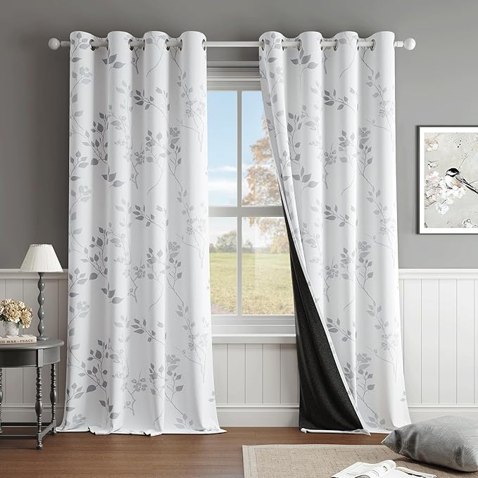 Beauoop Floral 100% Blackout Curtains 96 Inches Long 2 Panels for Bedroom Living Room Grey White Flower Patterned Room Darkening Thermal Insulated Soundproof Grommet Window Treatments Drapes, 52X96