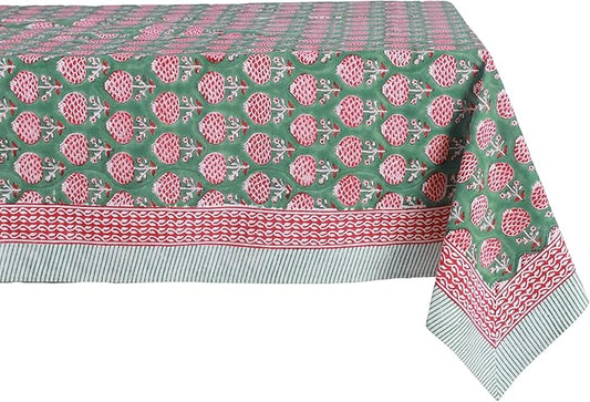 ATOSII Roma Green 100% Cotton Spring Summer Tablecloth, Handblock Print Rectangle Table Cover for Kitchen Dining Linen I Parties, Outdoors, Wedding, Easter Table Cloth I 72 X 108 Inches I 8 Seater
