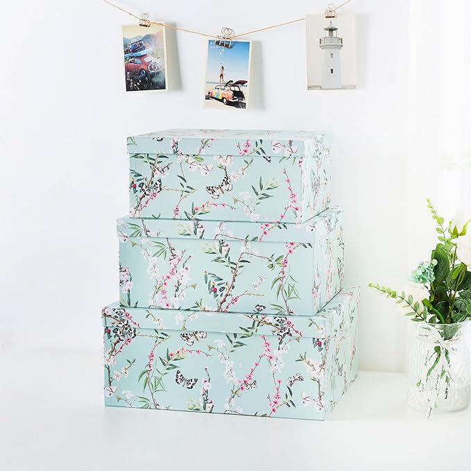 Soul & Lane Butterflies in Flight Photo Storage Boxes (Set of 3): Nesting Boxes with Lids, Floral Decorative Cardboard Containers, Paperboard Picture Storage for Photos, Nature Decor Cartons