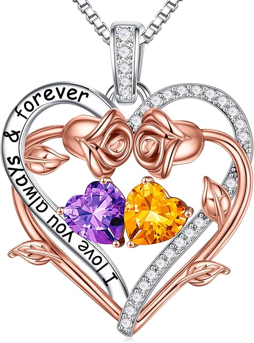Iefil Rose Heart Double Birthstone Necklace Gifts for Wife Her Mom Women, Birthstone Jewelry Gemstone Birthday Gifts for Girlfriend Grandma Her Wife Women