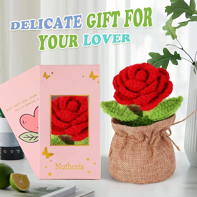 Crochet Flower Plant, Empathetic Flower Gift for Women & Men, Perfect for Birthday, Christmas, Mother's Day, Desk Decor, Birthday Decorations, Kids Party Decoration. Red Rose