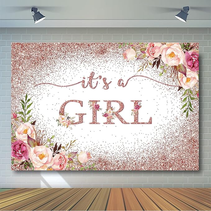 Avezano Rose Gold Baby Shower Backdrop for Girls Party Blush Pink Floral It's a Girl Baby Shower Photography Background Rose Gold Glitters Confetti Decoration Photoshoot Events Banner (10x7ft)