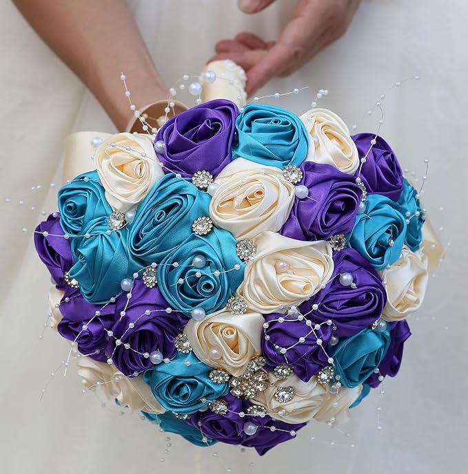Bridal Wedding Bouquet Round Bling Brooch Bouquet Throw Toss Artificial Rose Flower Bunch for Bride Bridesmaid Wedding Quinceanera(Teal Blue, Purple & Cream, 6.3")