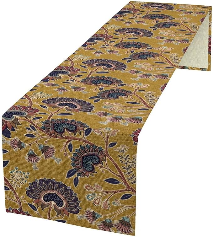 Boho Floral Table Runner, Mustard Yellow Paisley Floral Vintage Farmhouse Table Runner for Kitchen Dining Holiday Party Decor, 13x120 Inch