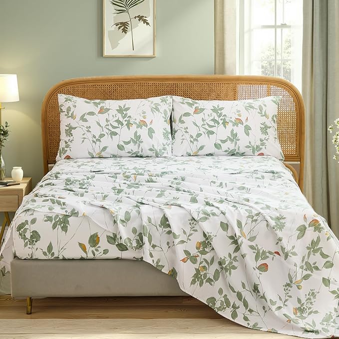100% Cotton Sheets Set Queen Size – 4 Pieces Luxury Breathable Percale Cotton Bedding with Deep Pockets, Crisp Cool Feeling, Soft&Durable, Refined Botanical Elegance, Green Floral Bed Sheets