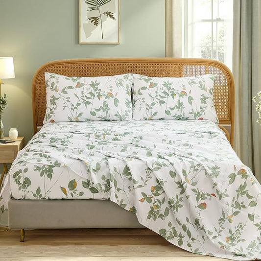 100% Cotton Sheets Set King Size – 4 Pieces Luxury Breathable Percale Cotton Bedding with Deep Pockets, Crisp Cool Feeling, Soft&Durable, Refined Botanical Elegance, Green Floral Bed Sheets
