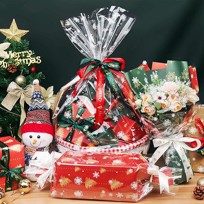 31.5 in X 100 ft Christmas Cellophane Wrap Roll – 3 Mil Thicken Snowflake Clear Cellophane Wrap Roll for Gift Baskets, Clear Cellophane Bags Large for Christmas Gift Baskets(31.5" fold into 16")