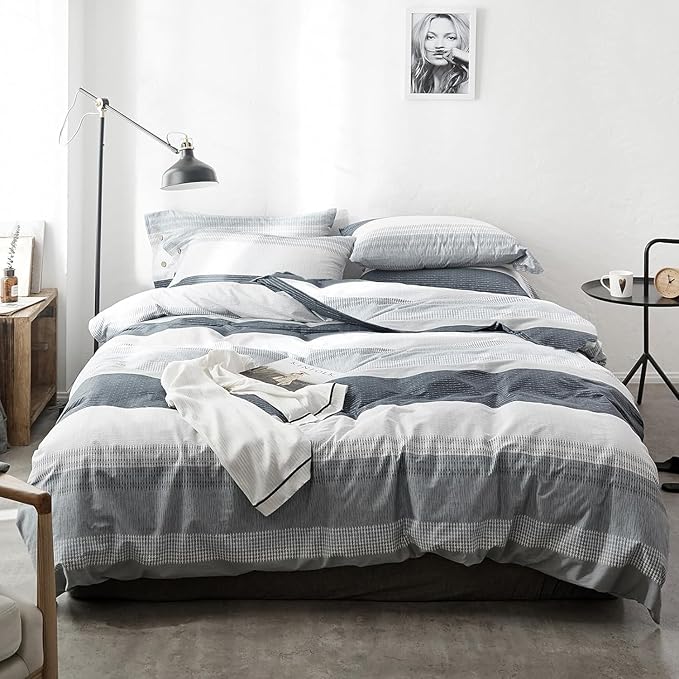 LifeTB Striped Comforter Set Queen Size, Blue Grey Stripes Pattern Printed Bedding Set, 3 Pieces Lightweight Bedding Comforter Set, Stripe Soft Fluffy Bed Set Queen Comforter with 2 Pillowcases