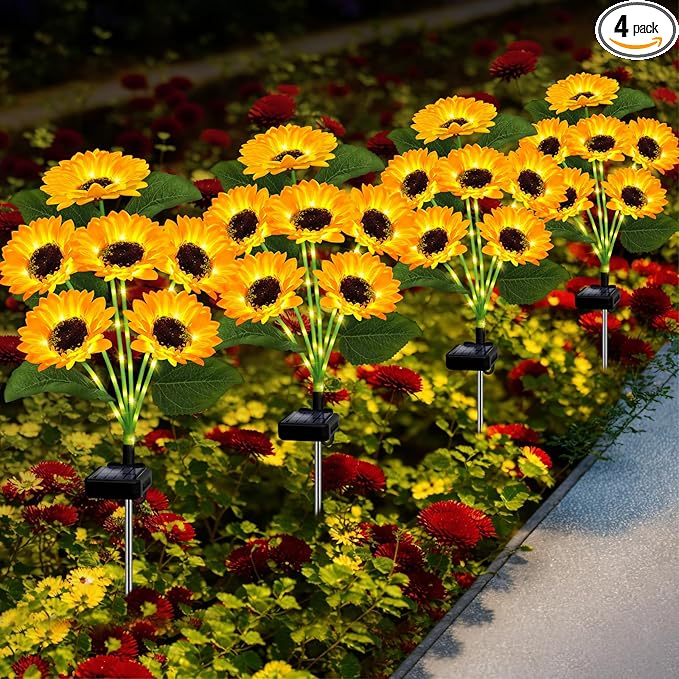 Solar Lights Outdoor Garden Decor,4 Pack with 24 Sunflower Lights,Solar Flowers Lights Waterproof,Birthday Gifts for Mom Women Grandma,Outside Decorative Stakes Light for Landscape Yard Patio Lawn