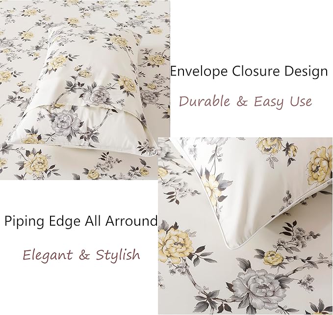 FADFAY Floral Sheets Set Twin Vintage Rose Floral Bedding Shabby Grey and Yellow Peony Sheets Farmhouse Bedding 800 Thread Count 100% Egyptian Cotton Soft Deep Pocket Fitted Sheet 4Pcs, Twin Size