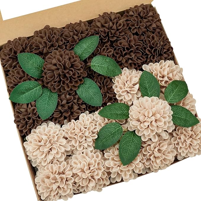 Artificial Flowers, 100pcs Artificial Rose for DIY Bouquets Arrangement, Brown and Tan Dahlia Flowers Foam Fake with Stems for Wedding Shower Party Floral Arrangements Tables Home Decorations