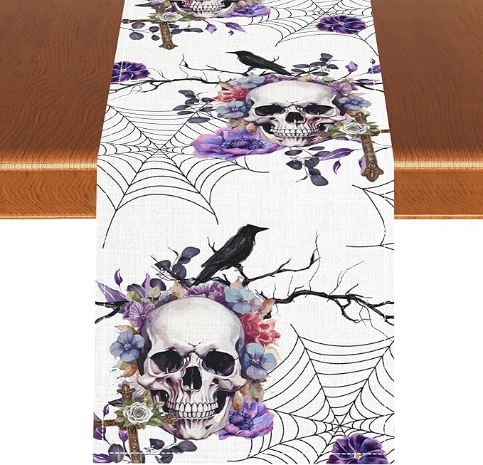 Gothic Floral Table Runner, Retro Dark Skull Spider Web Crow Flower Halloween Witchy Coffee Table Center Decor for Home Kitchen Dining Patio Holiday Party Table Decorations 13x36 inches
