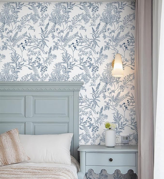 Peel and Stick Wallpaper Blue and White Floral Wall Paper for Bedroom Blue Contact Paper for Cabinets Self-Adhesive Removable Wallpaper for Bathroom Kitchen Wall Decor 118" x 17.3"