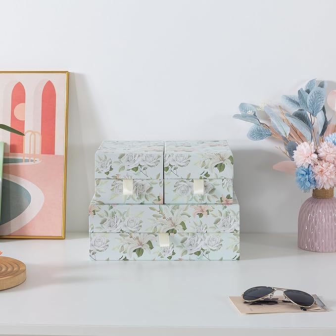Soul & Lane Pastel Floral Decorative Boxes with Hinged Lids and Muted Ribbon Pull - Pastel Petals, Set of 3 (One Large and Two Medium Boxes), Cardboard Storage for Photos, Documents, Keepsakes