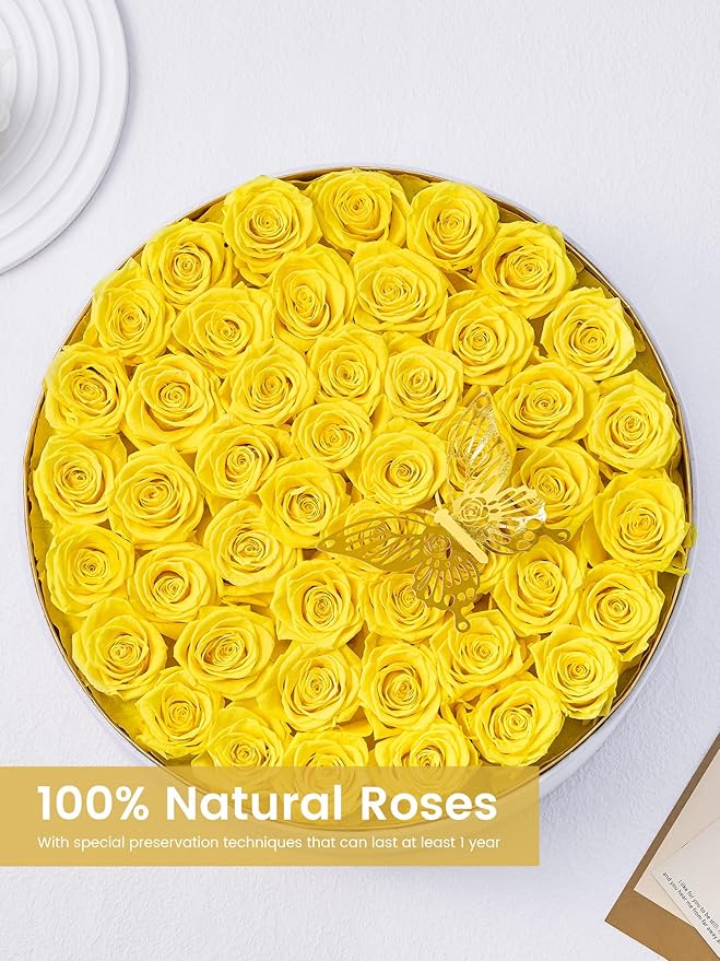 Preserved Roses Forever Flowers Real Roses in a Box Mother's Day Birthday Flowers for Her Mom Women Wife Valentine's Day, Yellow, 47 Piece
