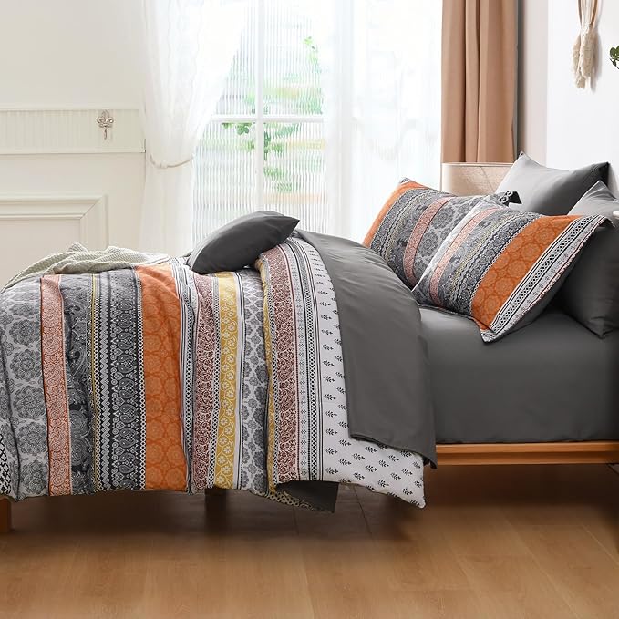 Cottolester Boho Comforter Set Queen Size,8 Pieces Orange Bohemian Striped Bed in a Bag,Paisley Soft Microfiber Bedding Comforter Set
