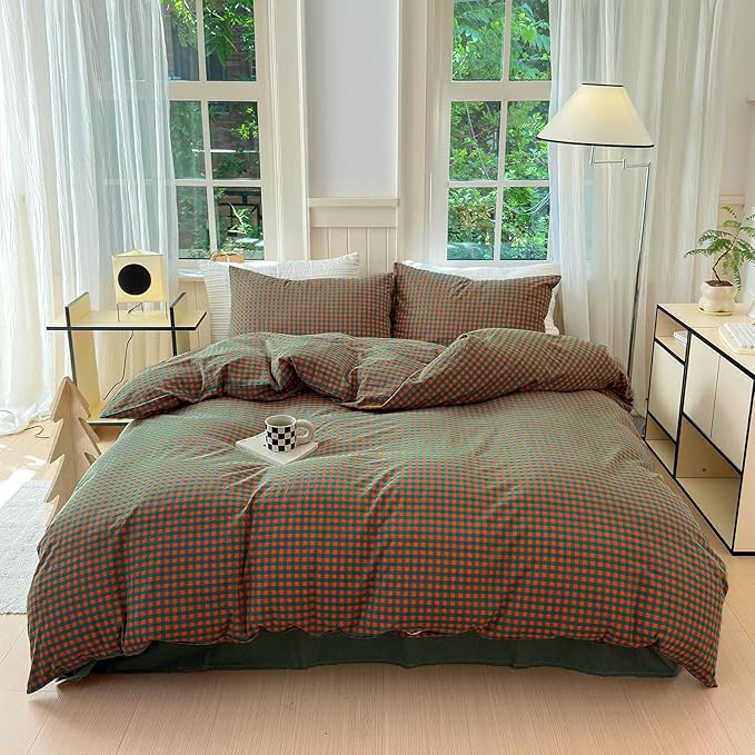 LifeTB Gingham Comforter Set King Modern Style Plaid Checkered Pattern Comforter Soft Fluffy Gingham Bedding Set Lightweight Orange Green Grid Bedding Comforter Fluffy Checkered Comforter Set
