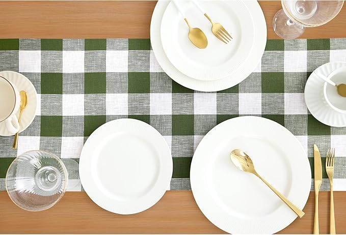 Solino Home Linen Checkered Table Runner 108 Inches Long - 100% Pure Linen Olive and White Buffalo Check Table Runner 14 x 108 Inch Ideal for Dining, Spring, St Patricks Day, Easter