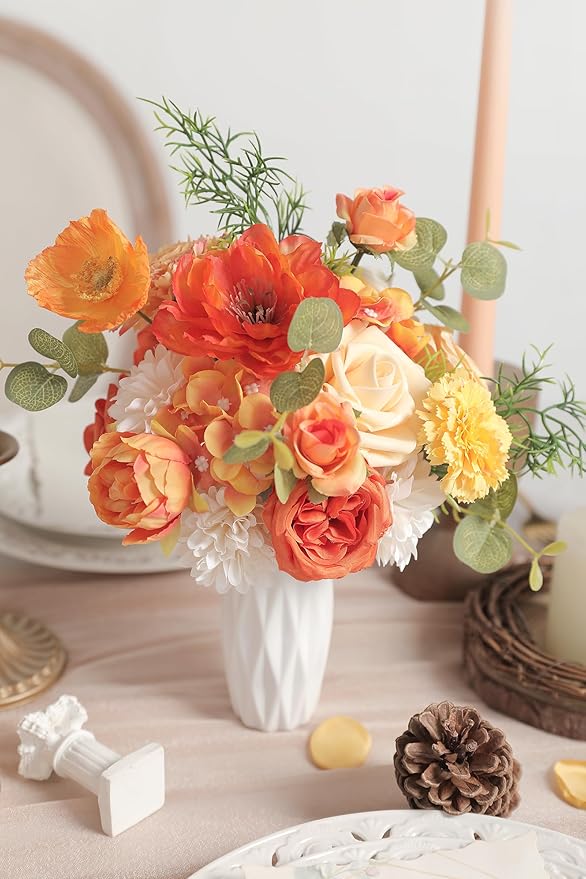 Orange Artificial Flowers Combo Set Fake Flower Leaf Box with Stemst for DIY Wedding Bridal Bouquet, Centerpieces, Home Decor, Floral Arrangement Decor