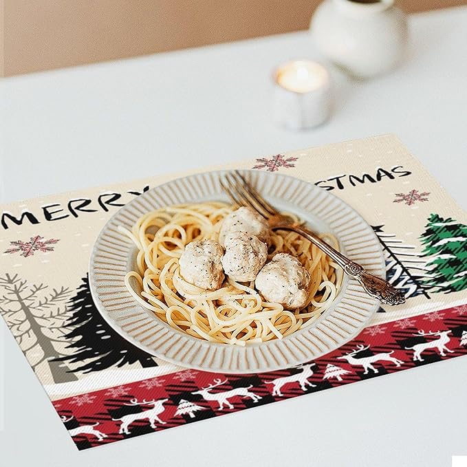 Christmas Placemats Rustic Farmhouse Red Buffalo Plaid Elk Christmas Tree Winter Snowflake Placemats Table Kitchen Dining Party 12x18 Inch Set of 6