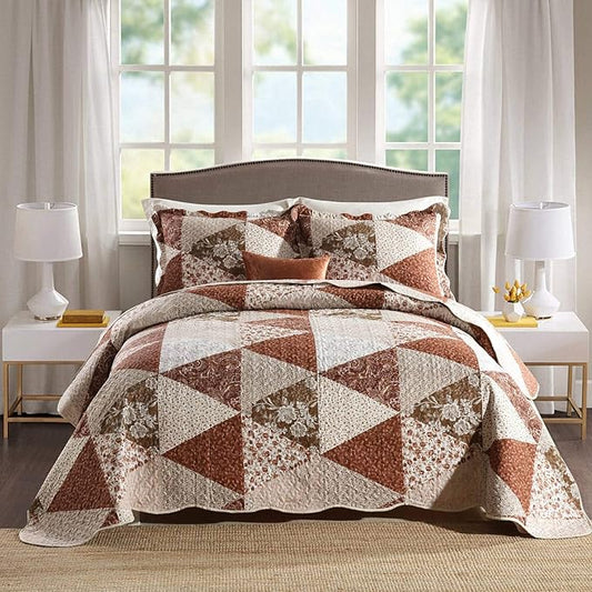 HoneiLife Queen Size 3 Piece Microfiber Quilt Set - Brown Triangle Pattern, 90x96 Inch