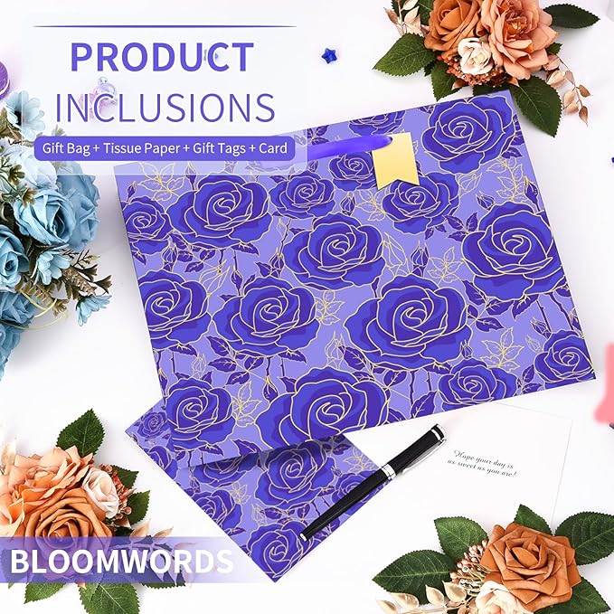 Bloomwords 13" Mother’s Day Gift Bags with Card Tissue(Rose Flower) - Birthdays, Valentine’s, Weddings, Anniversaries, Kit includes Card and Tissue Paper (Purple, 1 Piece)