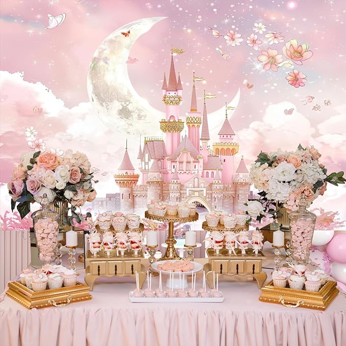 AOFOTO Castle Backdrop Princess Spring Pink Floral Moon Printed Fairy Tale Photography Background for Girl Birthday Baby Shower Party Banner Home Decor Wall Photo Studio Booth Props 10x8ft