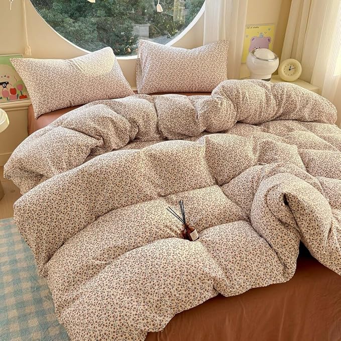 EAVD Chic Garden Small Floral Duvet Cover King Soft 100% Muslin Cotton Feel Gauze Vintage Floral Bedding Set with 2 Pillowcases Cottagecore Botanical Print Duvet Cover with Zipper Closure