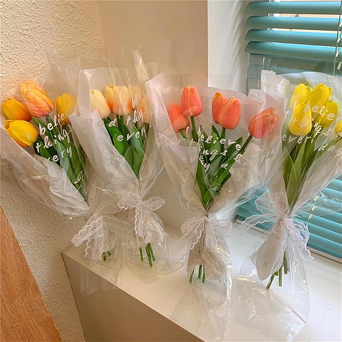 UKELER 24 Pcs Tulip Artificial Flowers White&Green Real Touch PU Tulip Flowers for Floral Arrangement Centerpiece Wedding Bouquet Table Decoration Birthday Mother Gift
